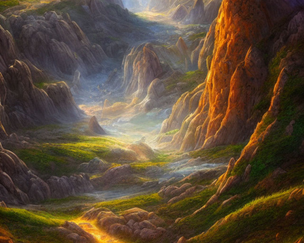 Golden-lit fantasy landscape with mountains, misty valley, and sunlit path