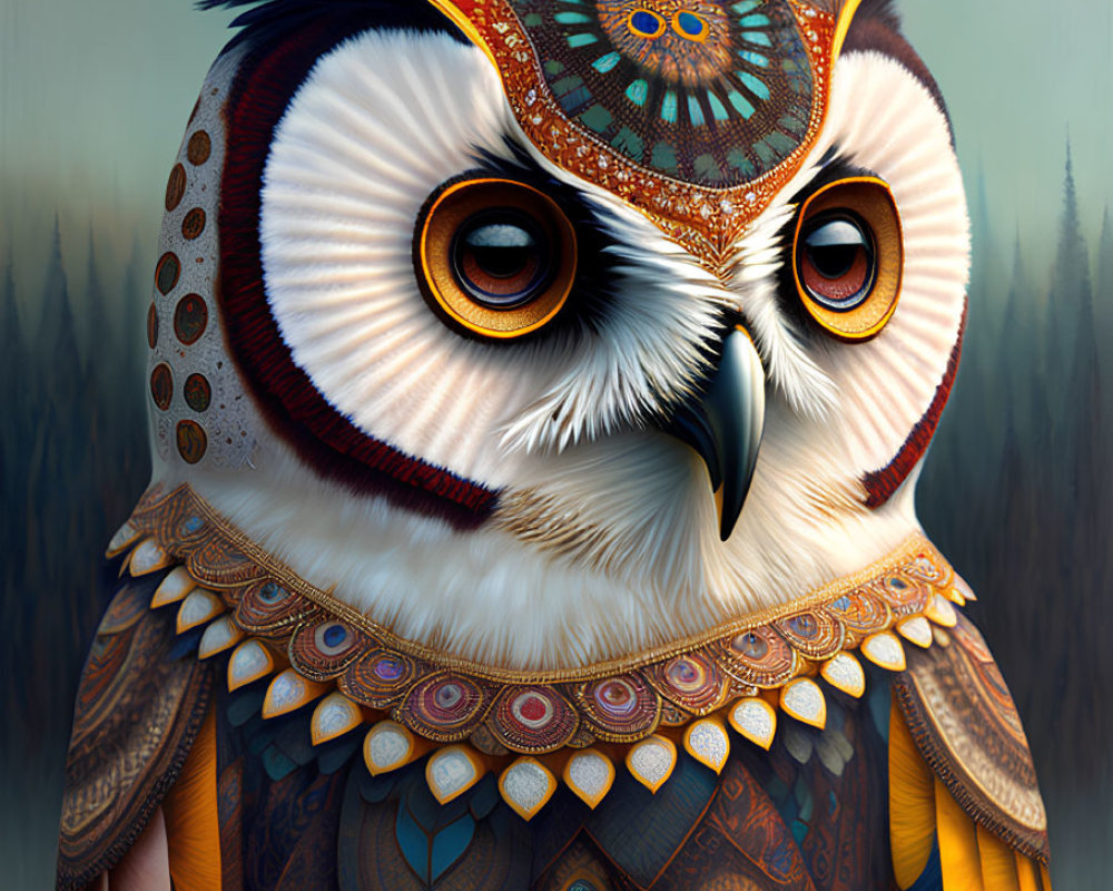 Stylized owl with ornamental patterns and headpiece in forest setting