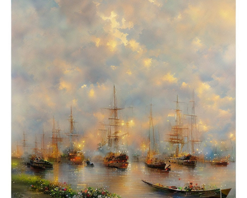 Tranquil harbor at sunrise with sailing ships and colorful flowers