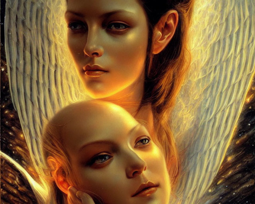 Angelic figures with radiant wings in warm light and serene expressions