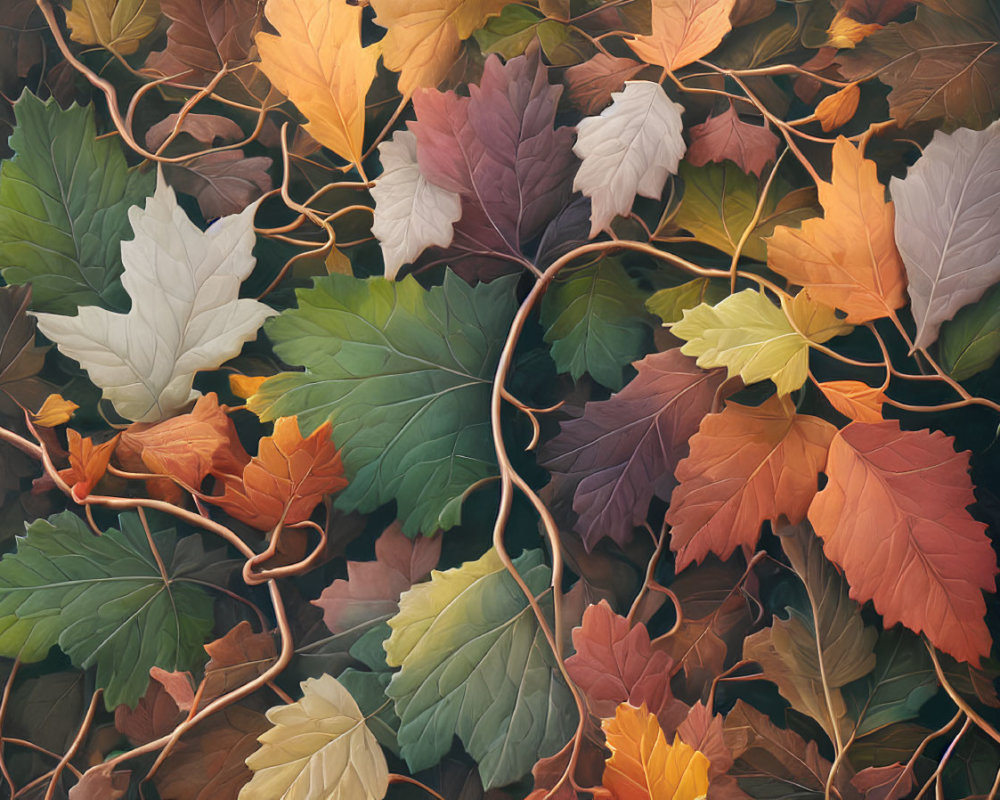 Vibrant autumn leaves in green, yellow, orange, and brown hues