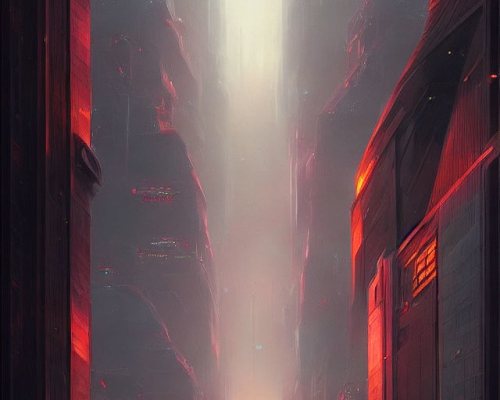 Futuristic cityscape with towering buildings and red lights at dusk