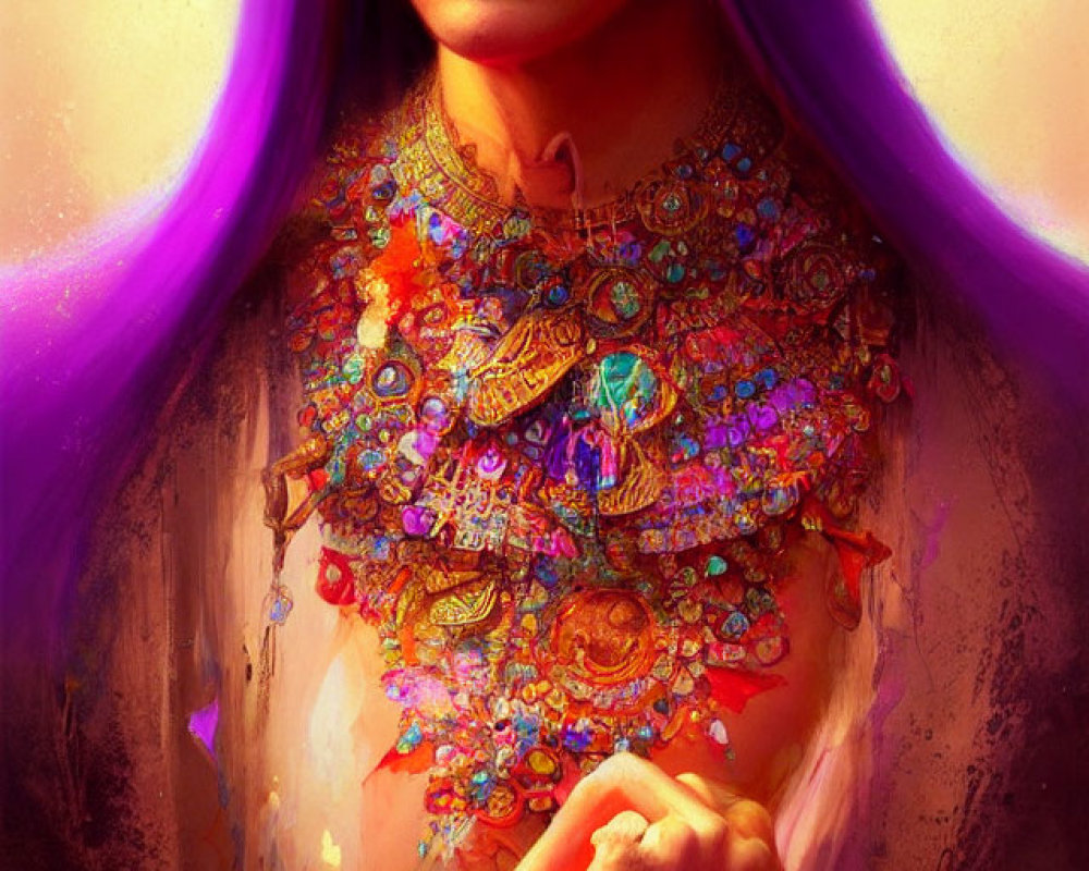 Colorful portrait of a woman with purple hair, golden eyes, and intricate necklace.