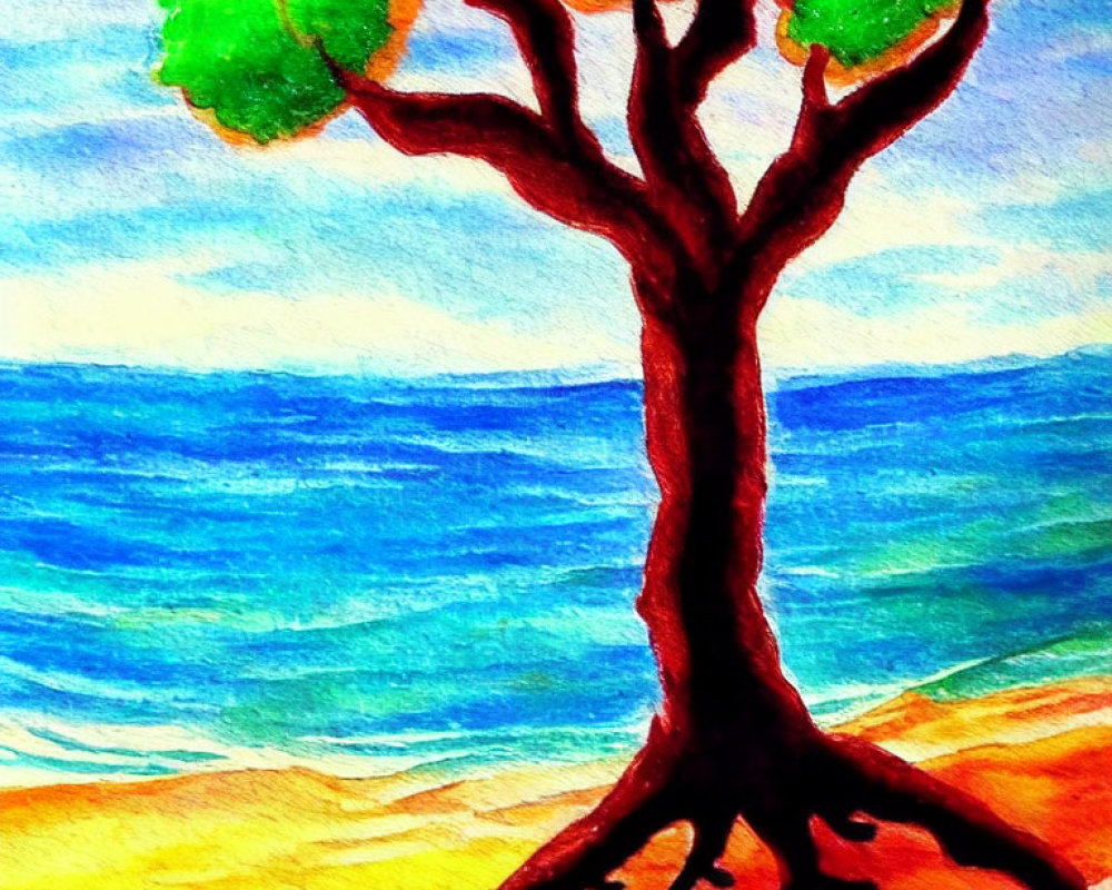 Colorful watercolor painting of solitary tree on beach with red trunk and green foliage against blue ocean and