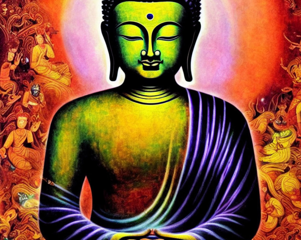 Colorful Buddha Meditation Illustration with Radiant Aura and Ornate Background