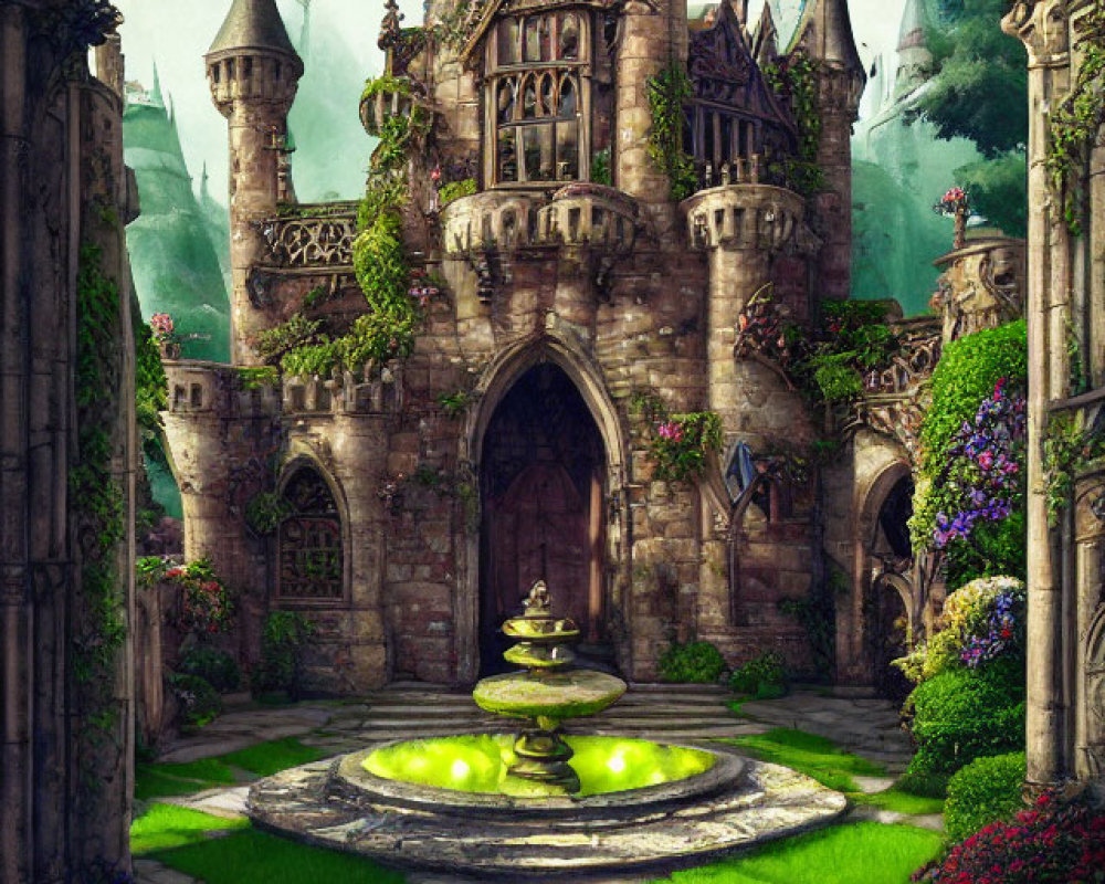 Fantasy castle courtyard with lush greenery and Gothic architecture