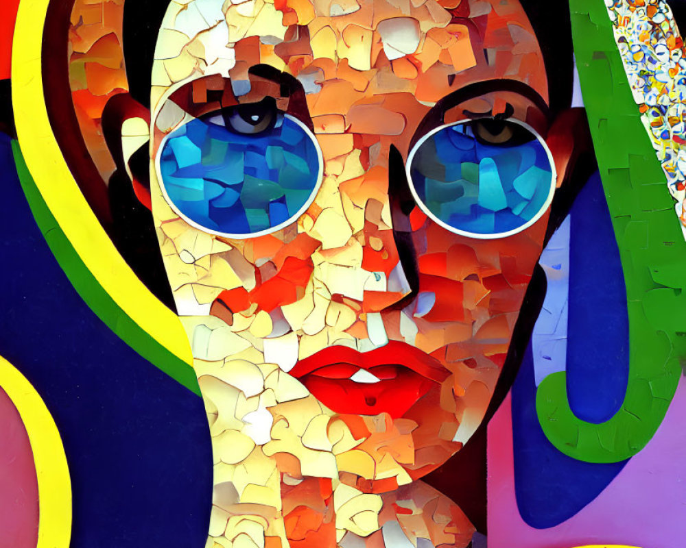 Vibrant mosaic-style abstract portrait with oversized sunglasses and vibrant patterns.