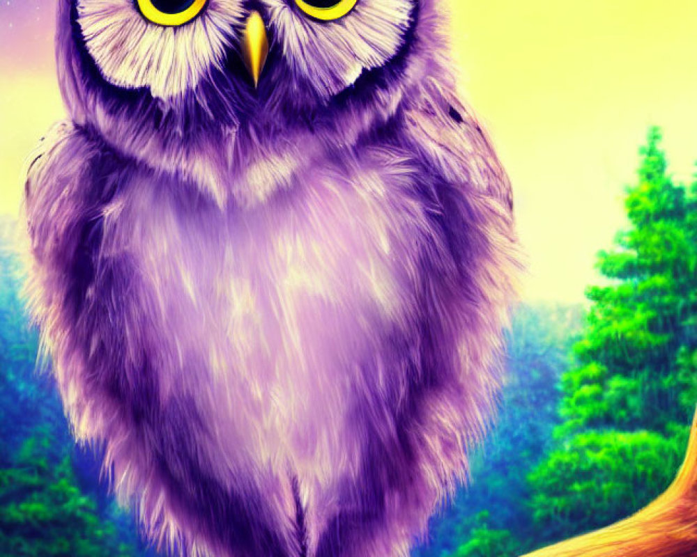 Colorful Owl Illustration Perched on Branch with Twilight Sky and Forest