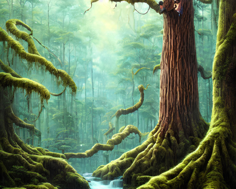 Enchanting forest landscape with towering trees and serene stream