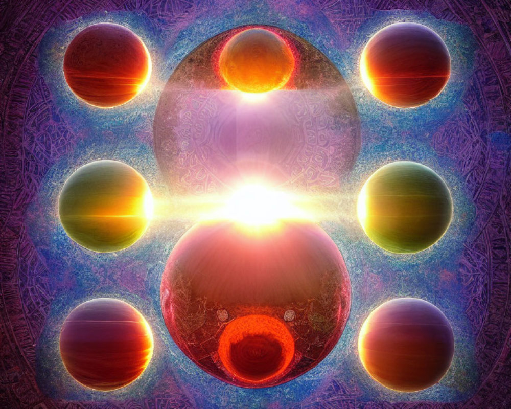 Colorful fractal art with eight spheres around a glowing orb on mandala background