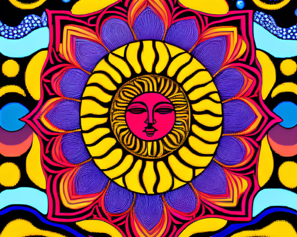 Colorful Psychedelic Sun Illustration with Human Face and Eyes