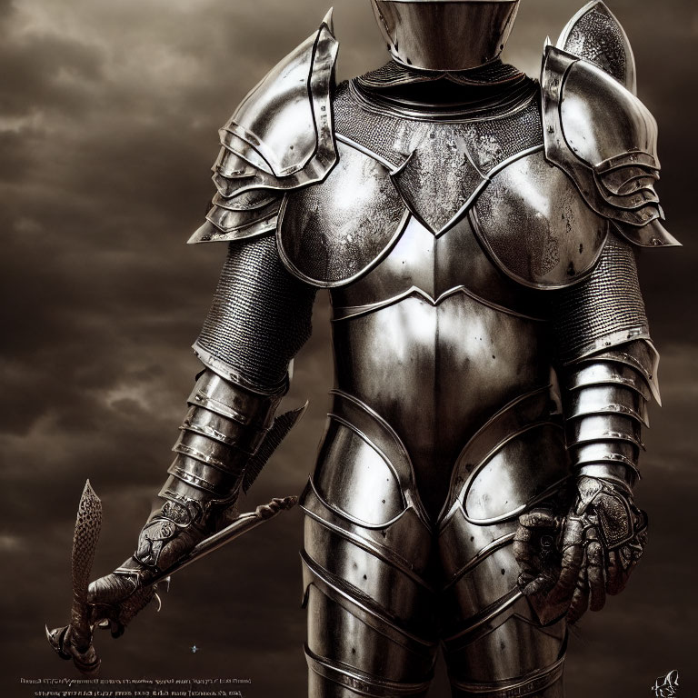 Medieval knight in armor holding sword with intricate hilt