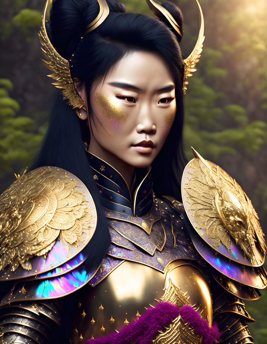 Regal woman in golden armor with horned helmet in forest setting