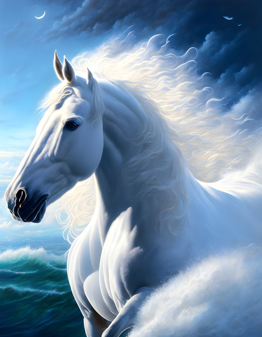 White Horse with Flowing Mane Emerges from Ocean Waves