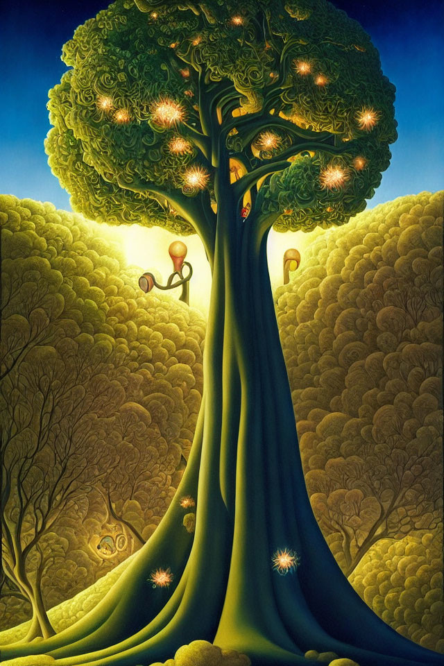 Vibrant oversized tree painting with glowing lanterns in twilight setting