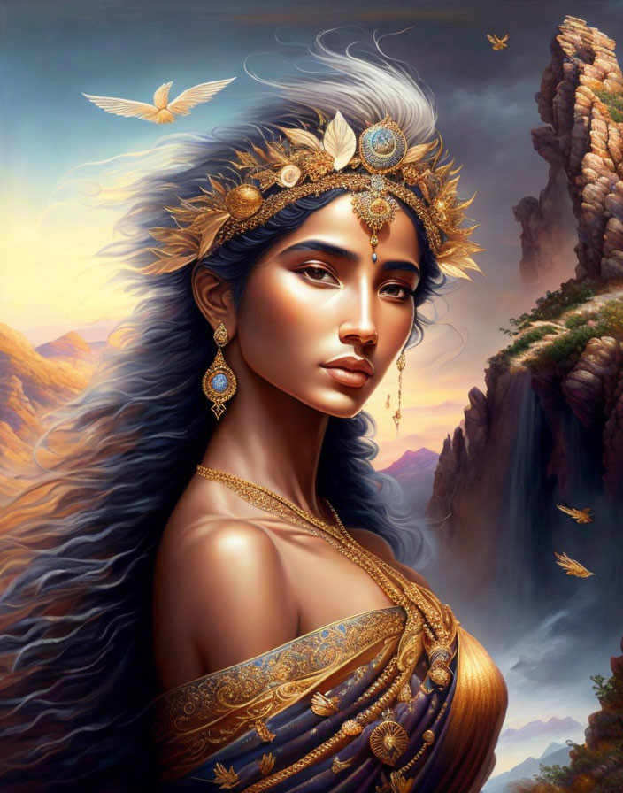 Woman adorned with golden jewelry and feathered crown in fantastical landscape.