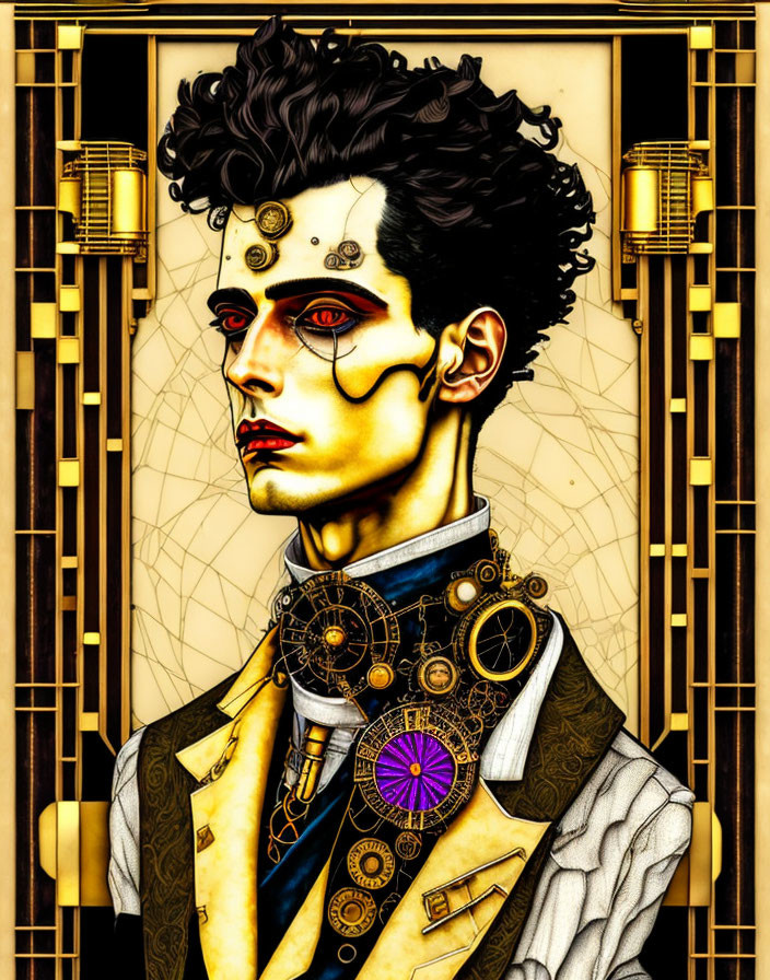 Steampunk-inspired man with mechanical parts and golden patterns in Art Nouveau setting