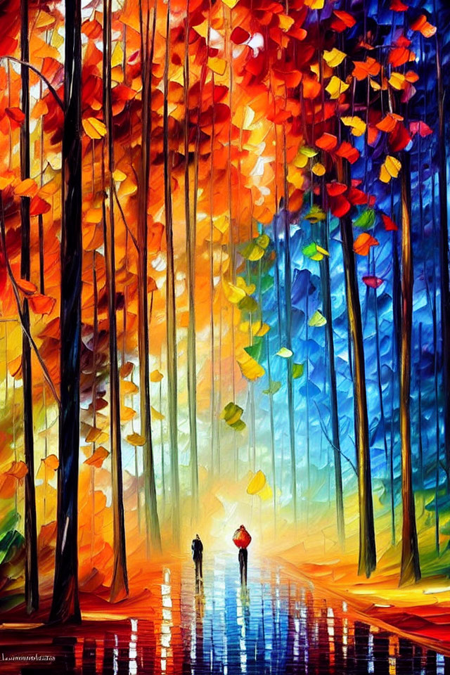 Colorful Autumnal Forest Painting with Two People and Umbrellas