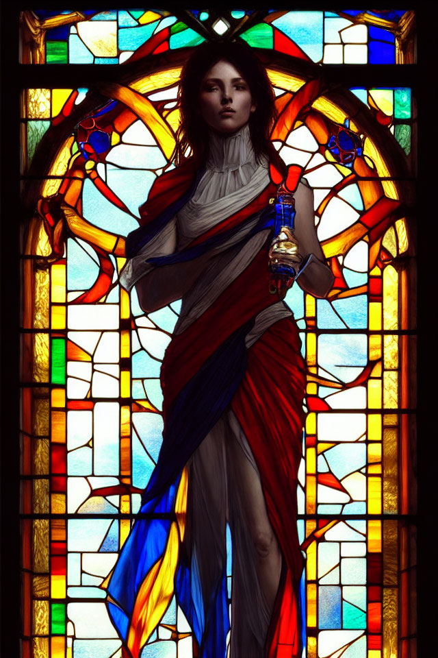 Stained glass window of woman in flowing robes with bottle