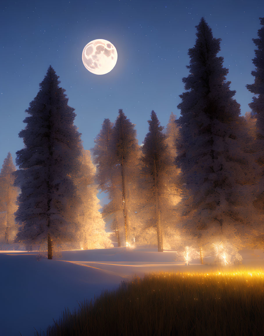 Snow-covered trees under full moon on tranquil winter night