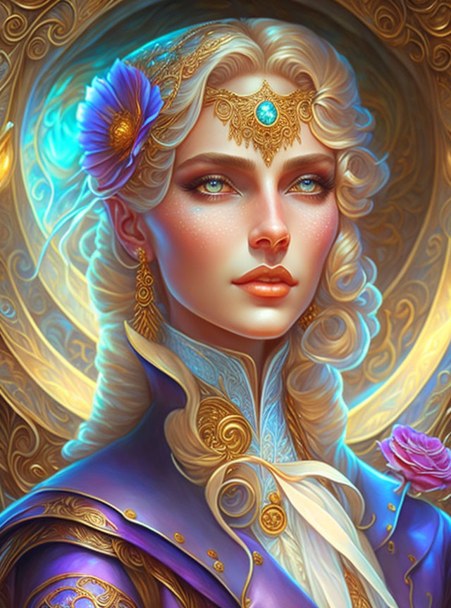 Illustration of woman with wavy blond hair, blue eyes, gold jewelry, headpiece, blue