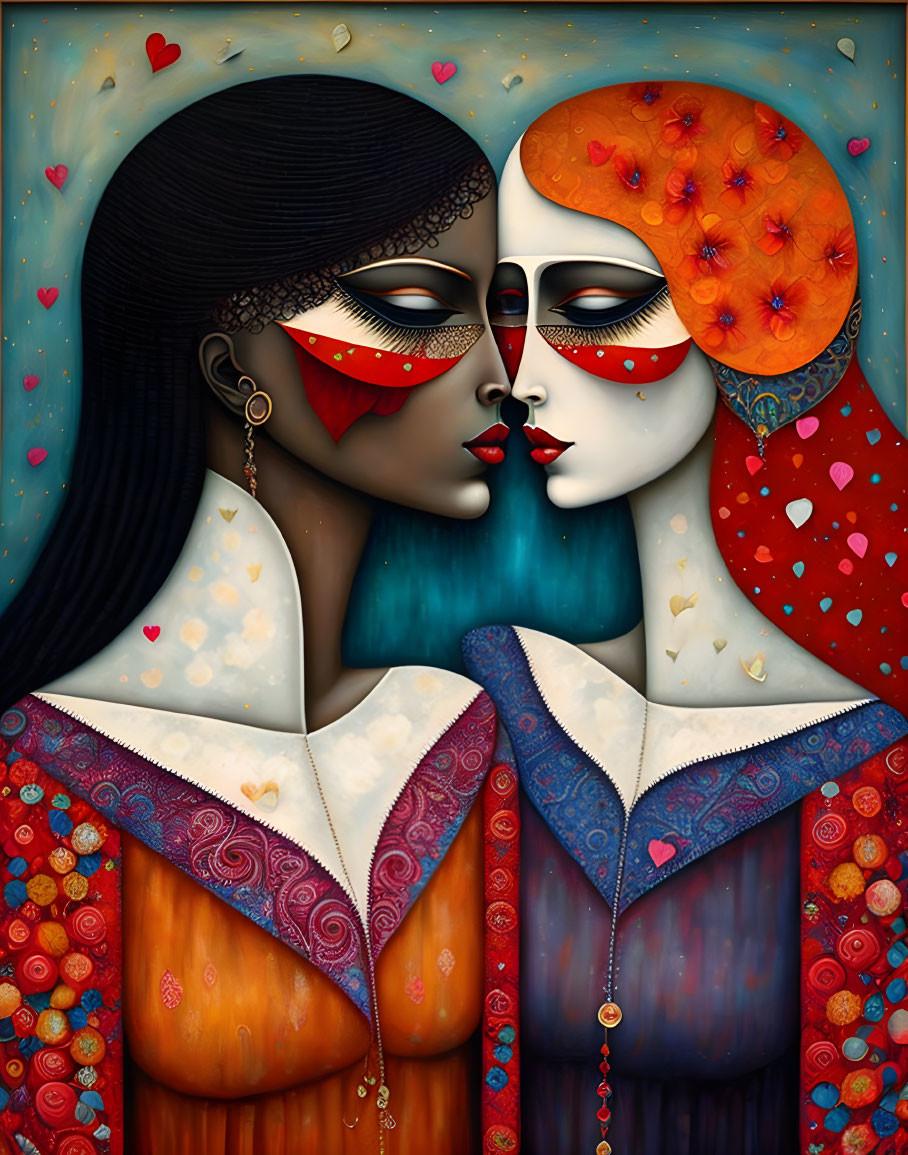 Stylized female figures in intricate clothing against heart-filled background