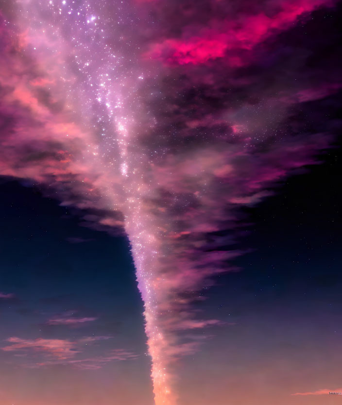 Dramatic sky with ascending trail of stars in pink and purple clouds