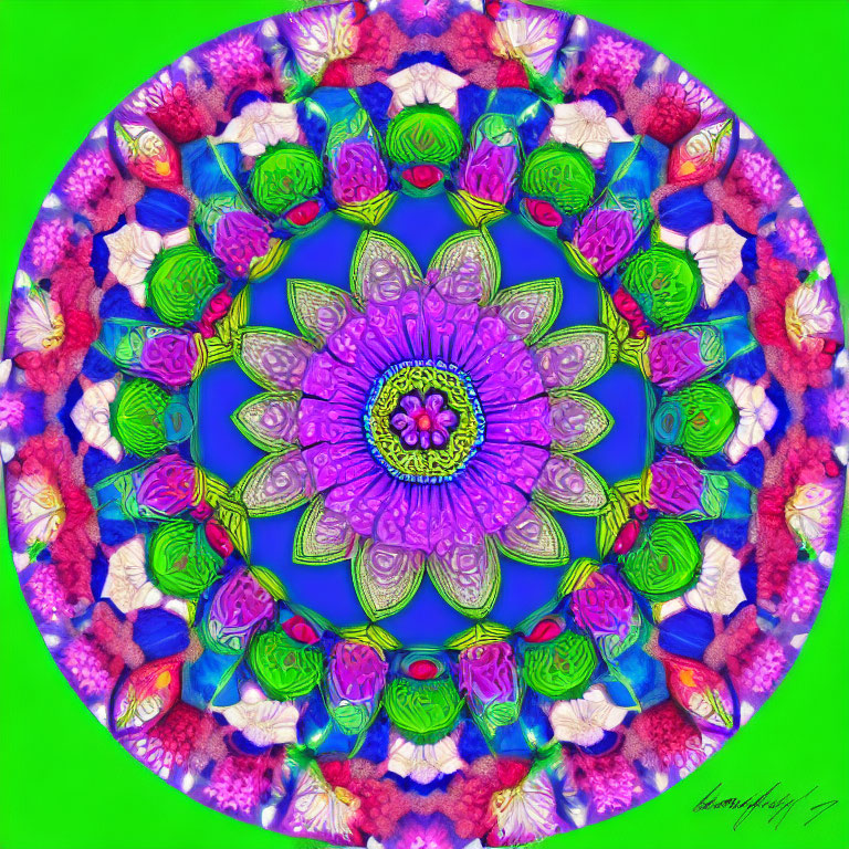 Colorful digital mandala with flower and leaf patterns on neon green background