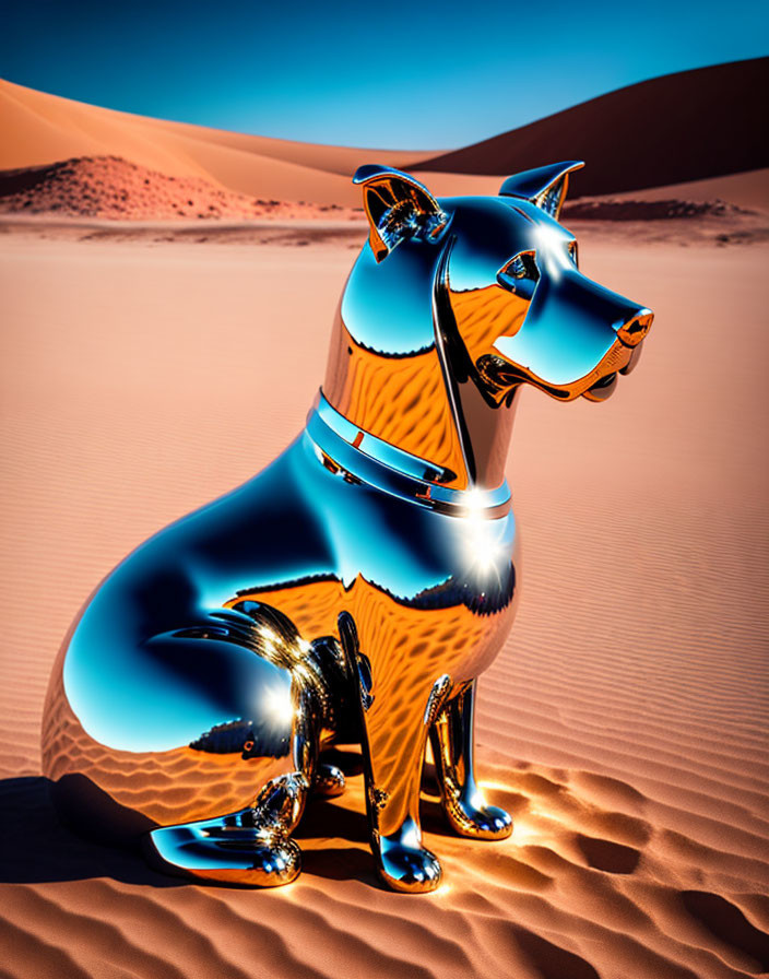 Reflective metallic dog sculpture in desert landscape