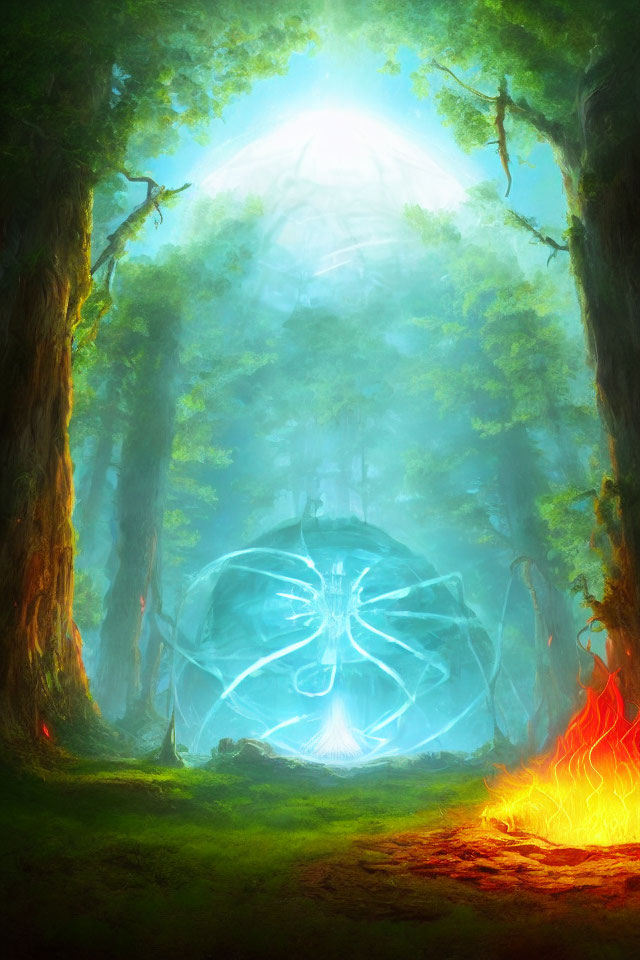 Mystical forest with tall trees, blue orb, and ethereal light