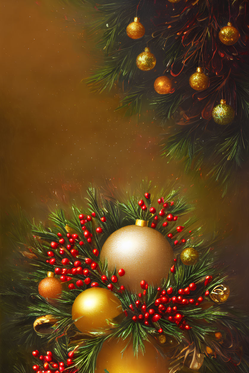 Golden ornaments, red berries, and pine branches in festive Christmas arrangement