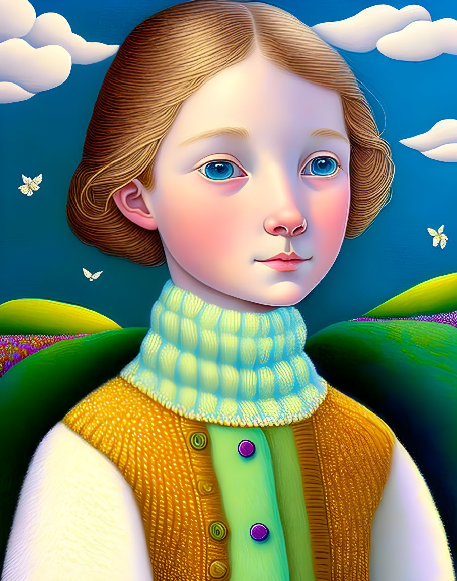 Digital portrait of young person with blue eyes in green turtleneck and yellow vest against sky and hills