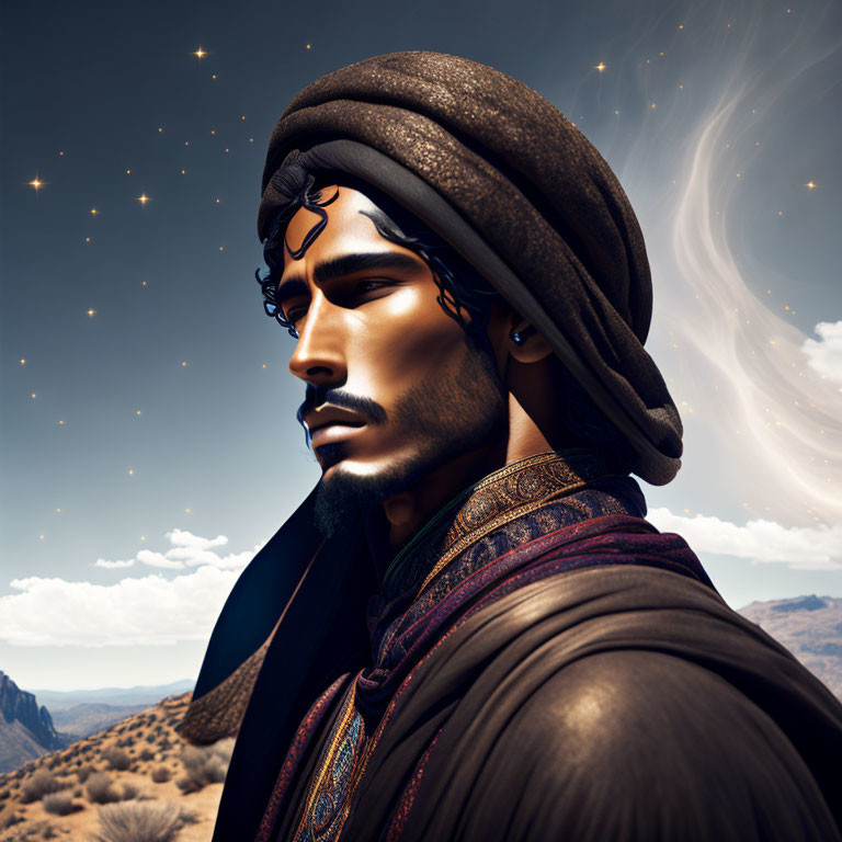 Detailed man with turban in desert under starry sky.