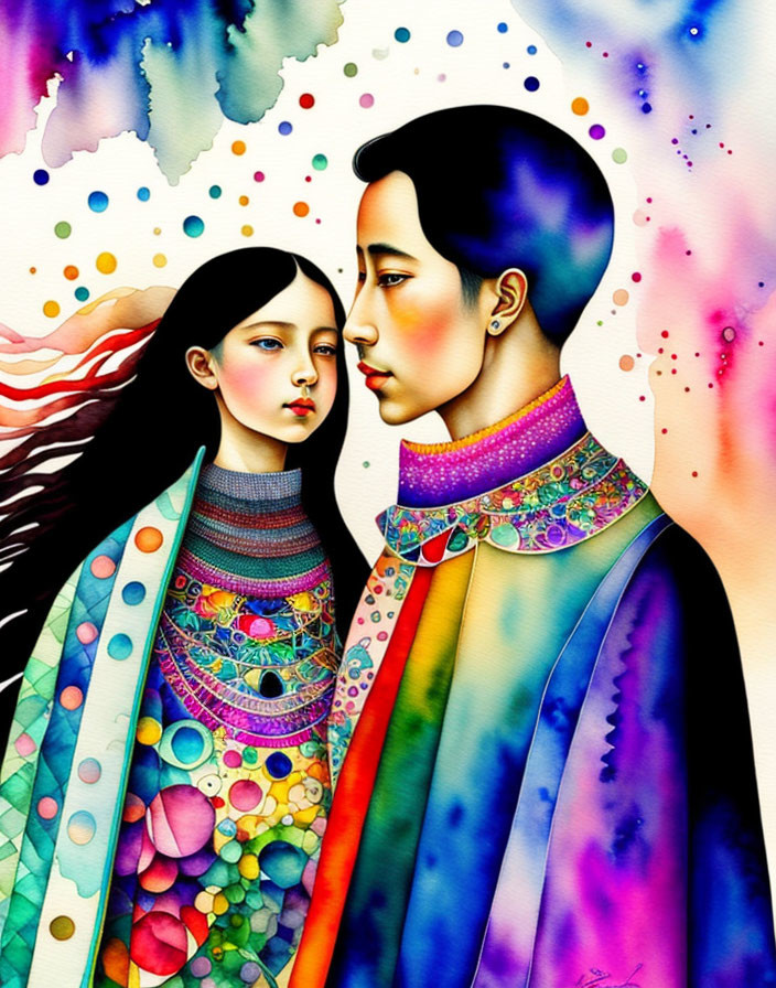 Colorful Watercolor Illustration of Two People in Intricate Garments