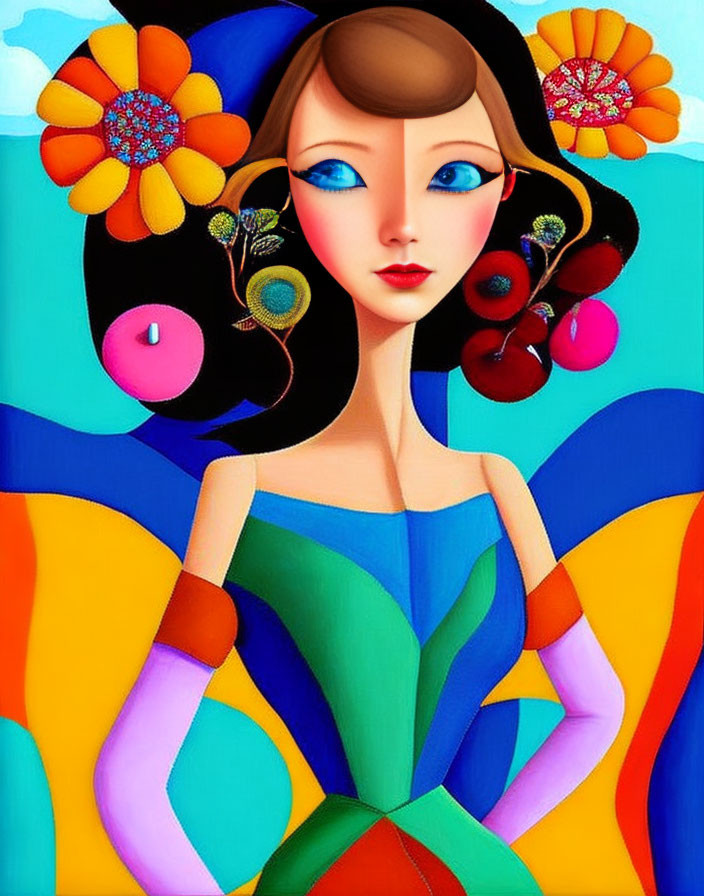 Vibrant woman portrait with floral hair, blue eyes, and geometric attire