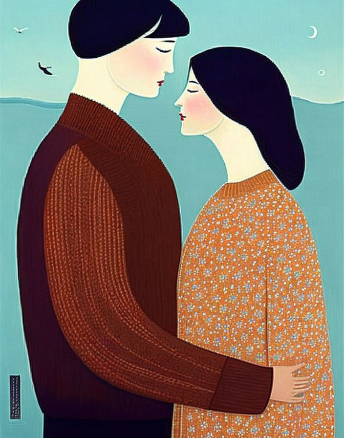 Illustration of embracing couple against blue backdrop with birds and crescent moon