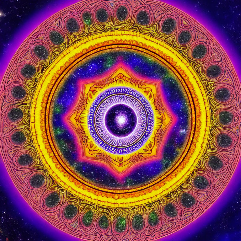 Colorful yellow and orange digital mandala on cosmic background.