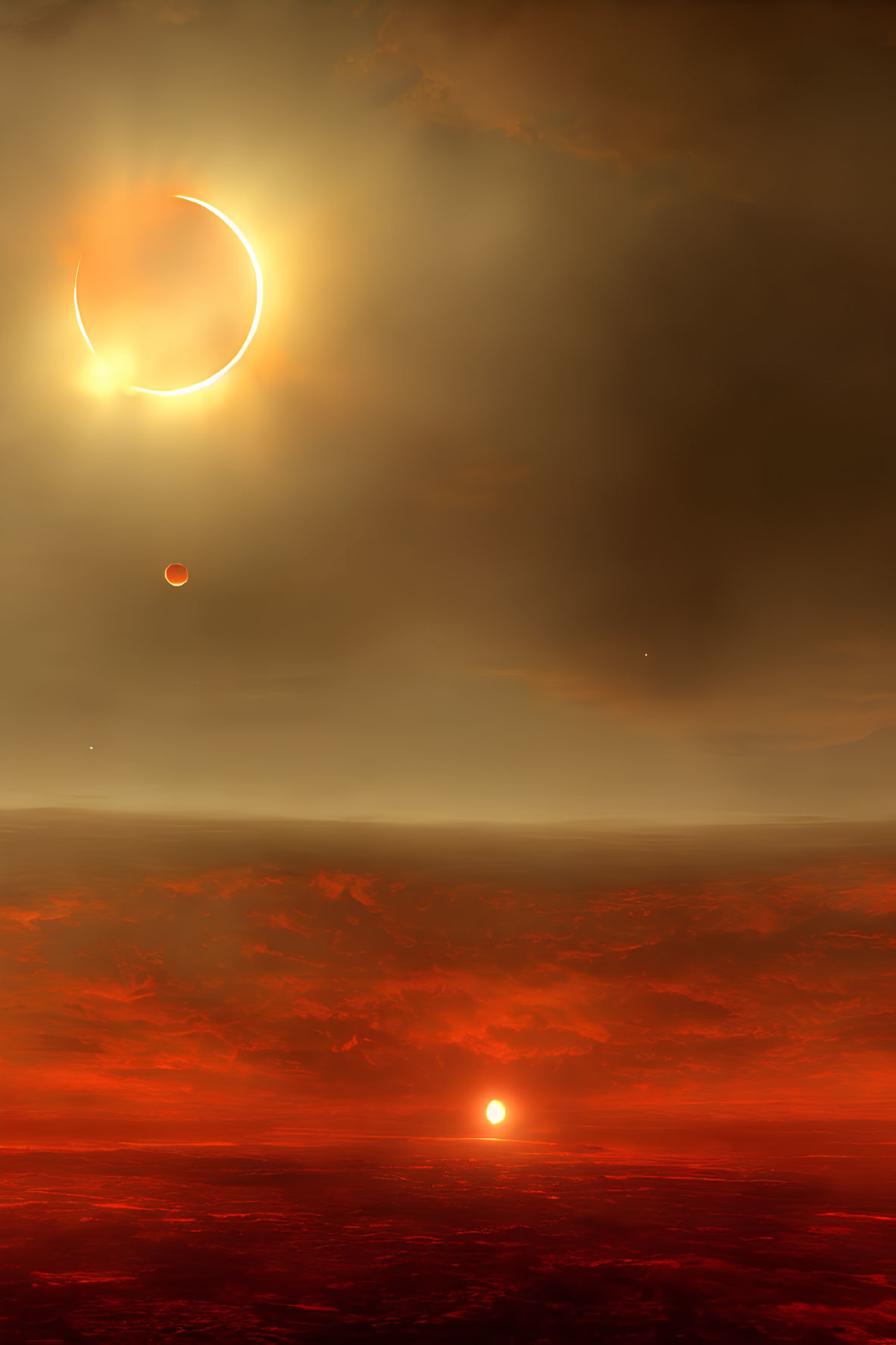 Red-hued sky with solar eclipse and fiery landscape in dramatic scene