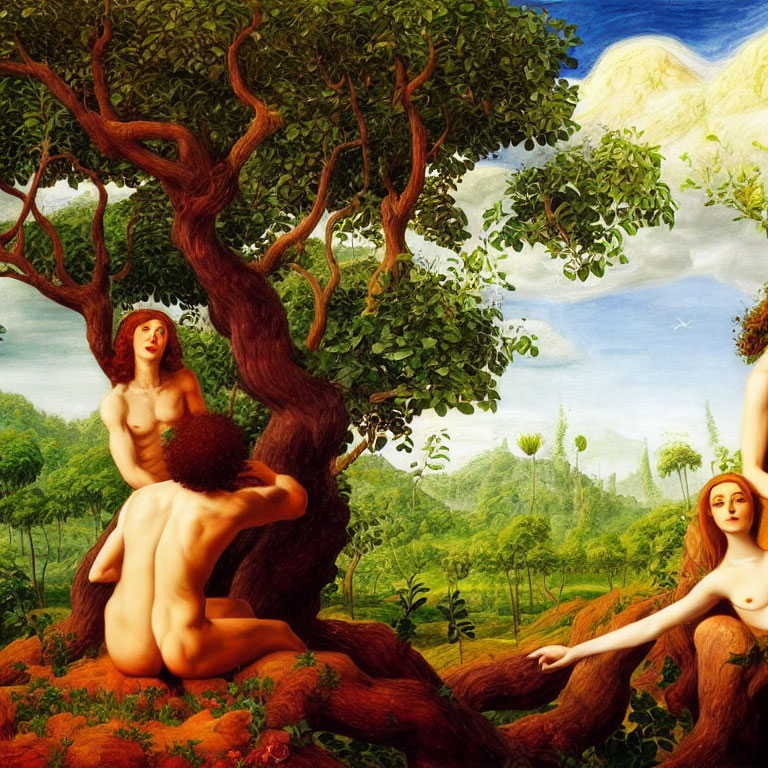 Nude Figures in Mythological Landscape with Trees and Hills