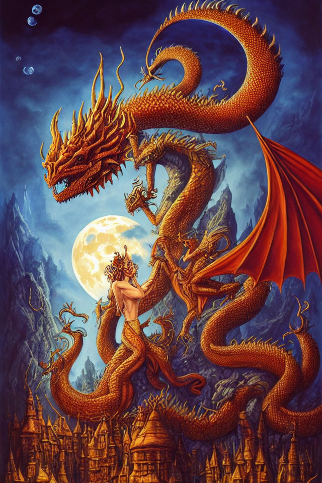 Large red dragon swirling around a naked figure in mountain landscape