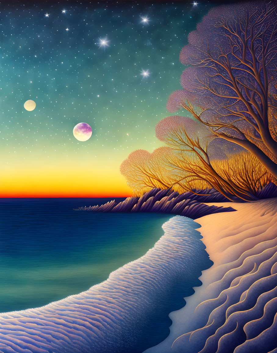 Serene beach at dusk with vivid sky, two moons, stars, and intricate tree branches