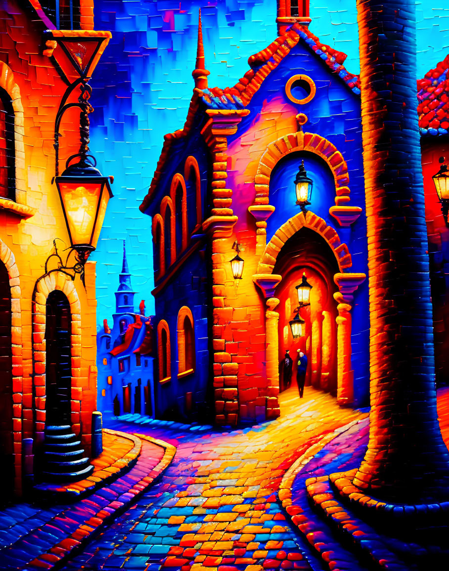 Colorful Cobblestone Street Puzzle with Arched Entrance & Street Lamp