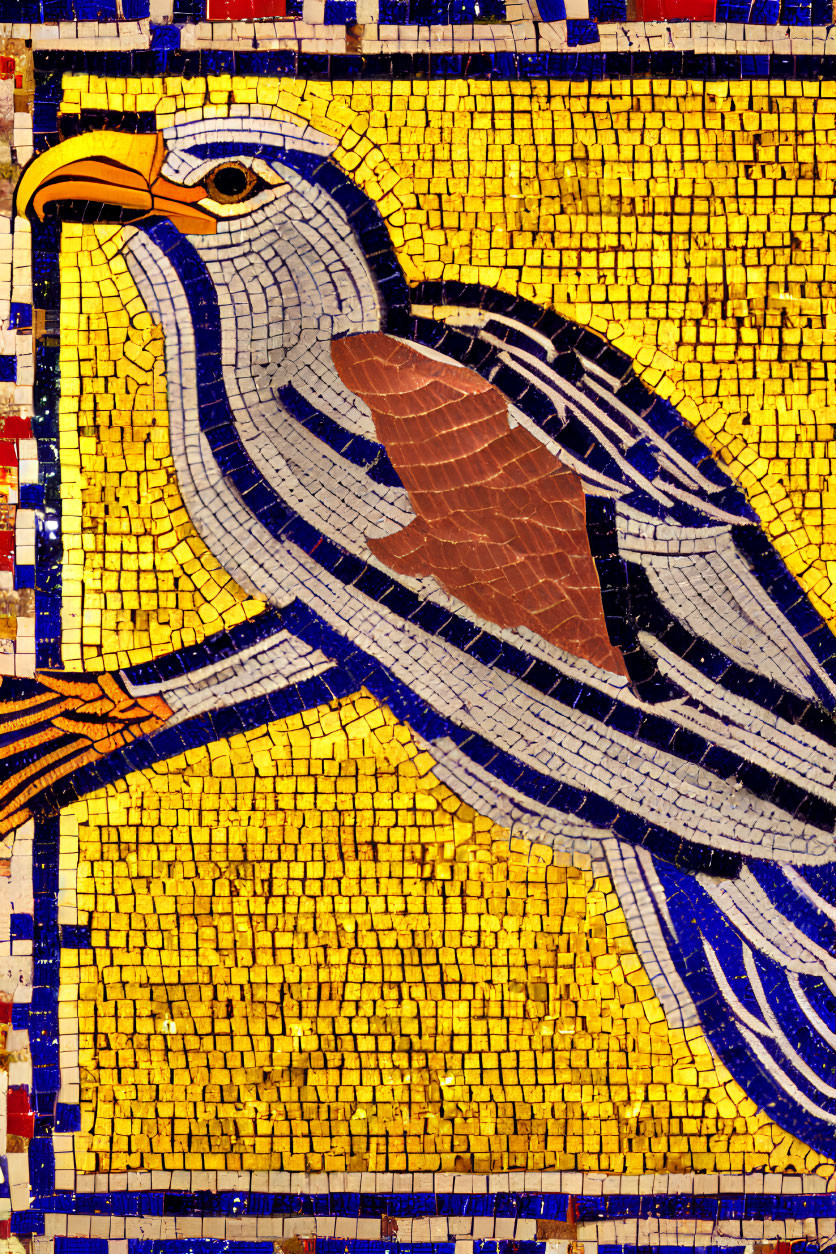 Colorful bird mosaic on branch with vibrant tiles