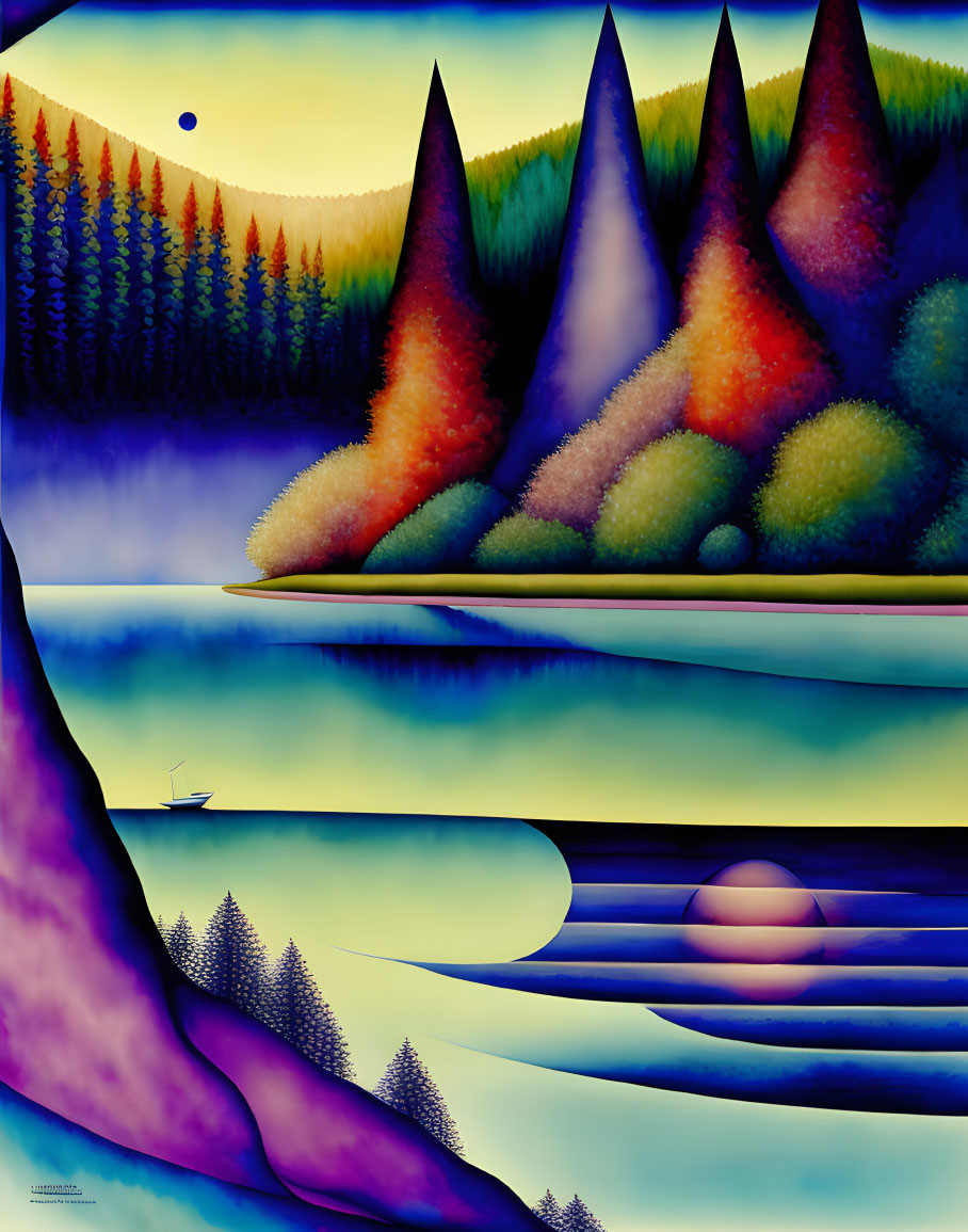 Vibrant surreal landscape with coniferous trees, hills, lake, boat, and celestial bodies