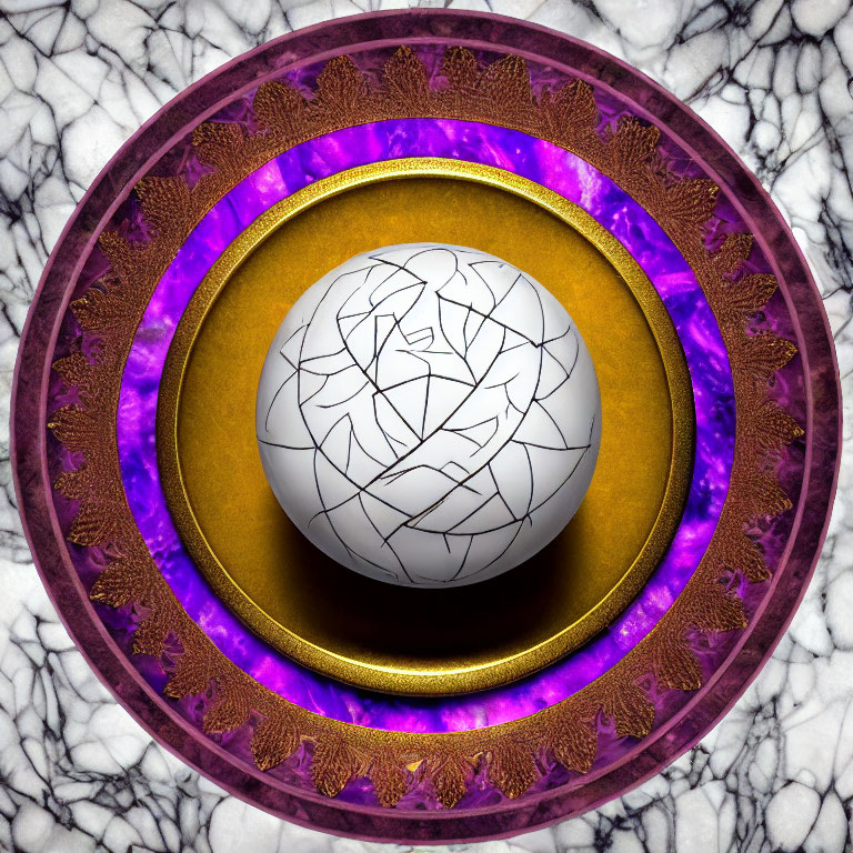 Cracked white sphere on golden hollow in purple and gold circular frame on marble background