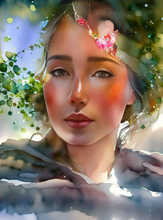 Colorful Fantasy Portrait of Woman with Nature Elements