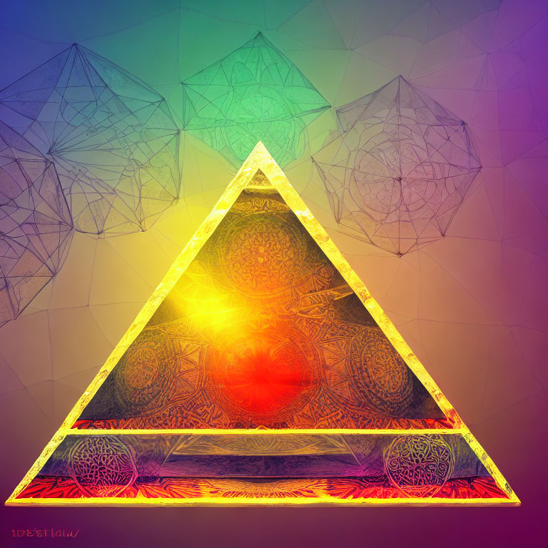 Colorful digital artwork with luminous triangle and intricate patterns on multicolored background