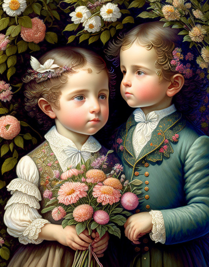 Vintage clothing: Two children with angelic faces in floral background