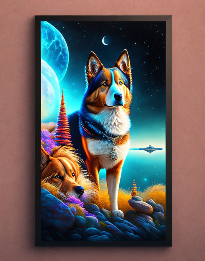 Vibrant digital art: two dogs under full moon