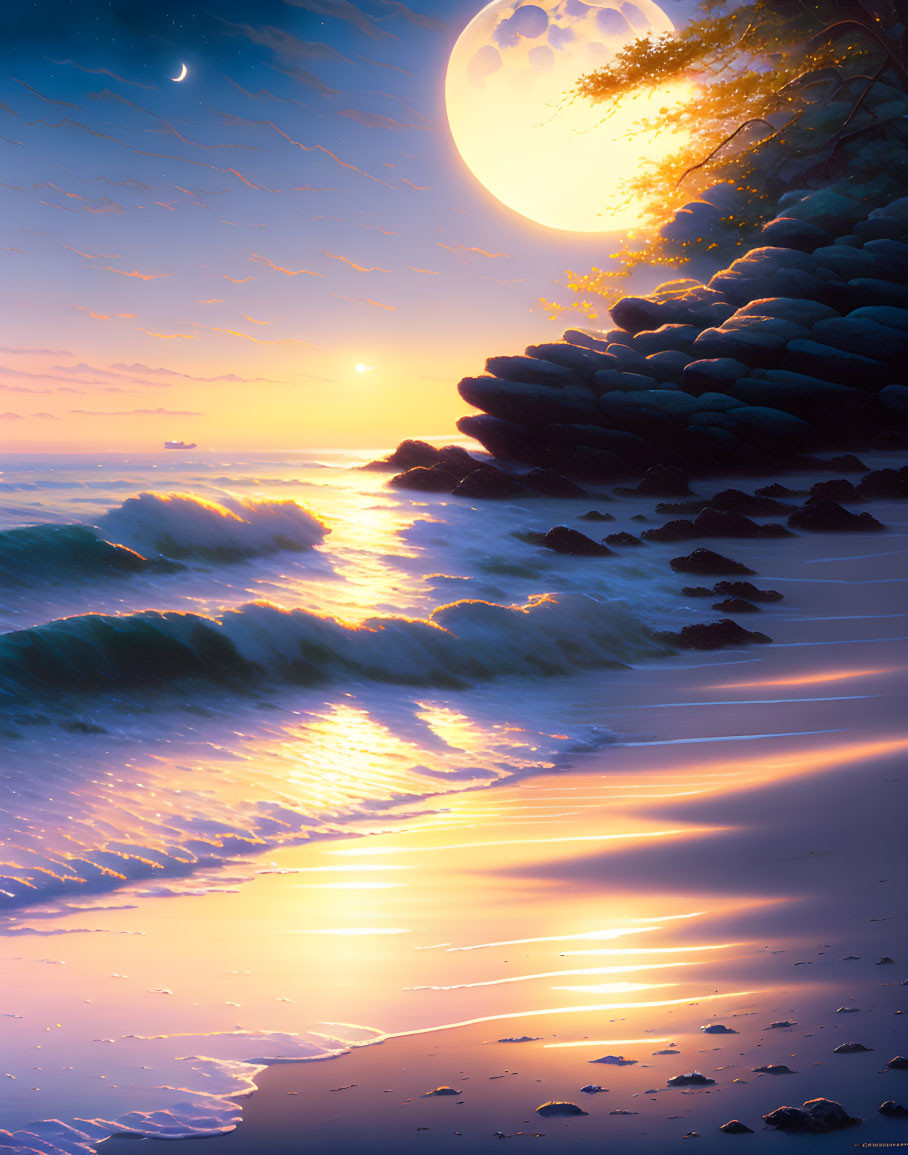 Tranquil beach scene at dusk: glowing sunset, rising moon, gentle waves